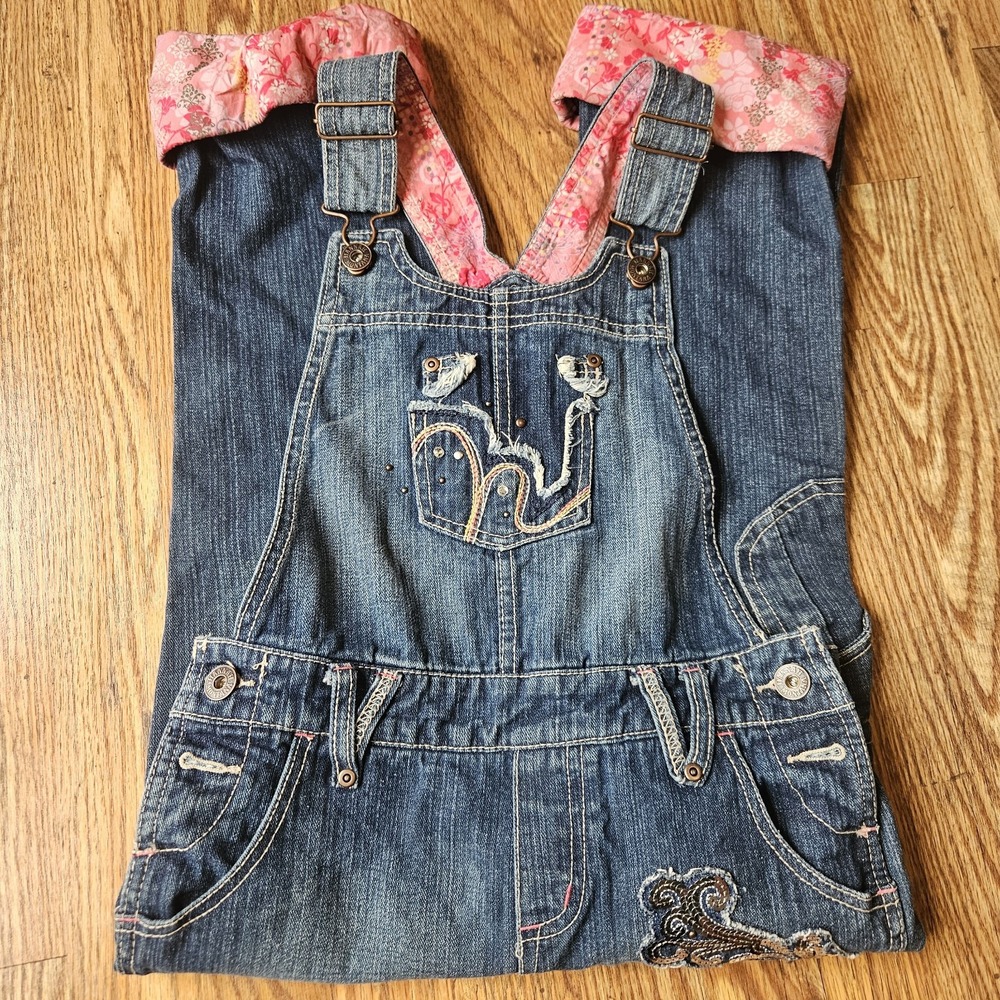 Vintage Children's Hannah Montana Denim Overall Size 12 Floral Cuff Bling Detail